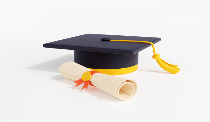 3d render graduation cap with diploma certificate
